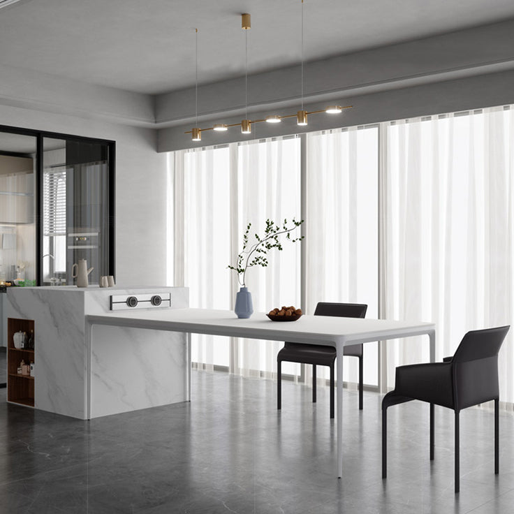 Metal Contemporary Rectangular Dining Table High Gloss White Sintered Stone Table with Metal Legs
