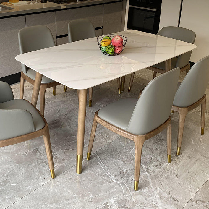 Mesa rectangular contemporánea de madera maciza mesa de comedor de piedra sinterizada con 4 patas