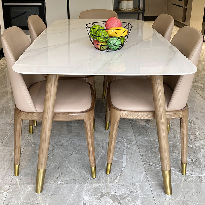 Mesa rectangular contemporánea de madera maciza mesa de comedor de piedra sinterizada con 4 patas