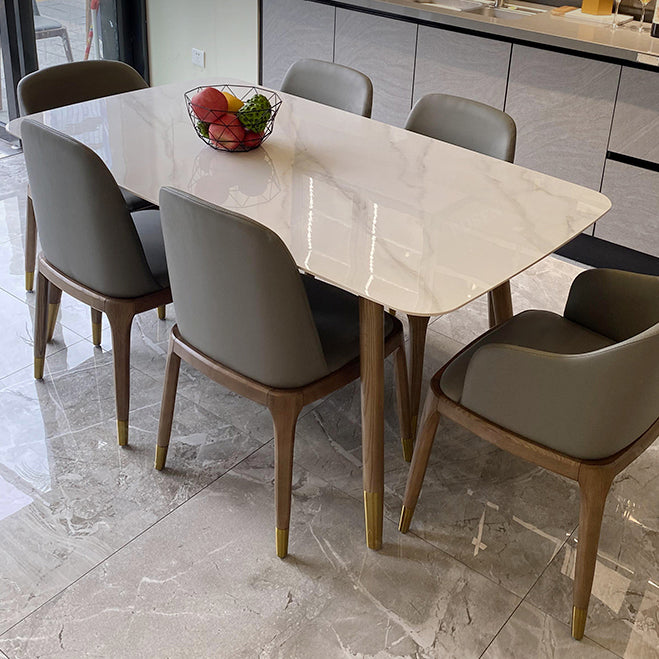 Mesa rectangular contemporánea de madera maciza mesa de comedor de piedra sinterizada con 4 patas