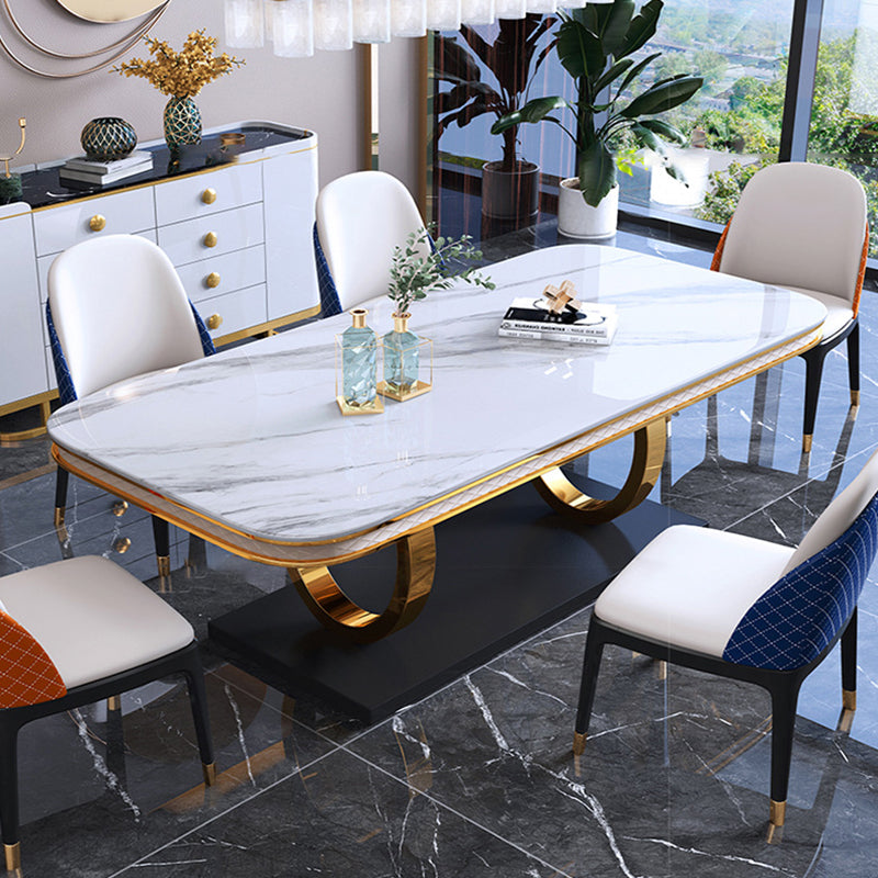 Mesa de comedor de piedra sinterizada de lujo, mesa rectangular con pedestal de metal dorado