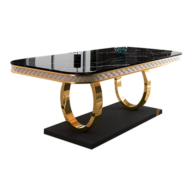 Mesa de comedor de piedra sinterizada de lujo, mesa rectangular con pedestal de metal dorado