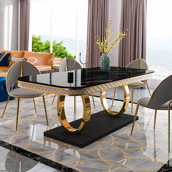 Mesa de comedor de piedra sinterizada de lujo, mesa rectangular con pedestal de metal dorado