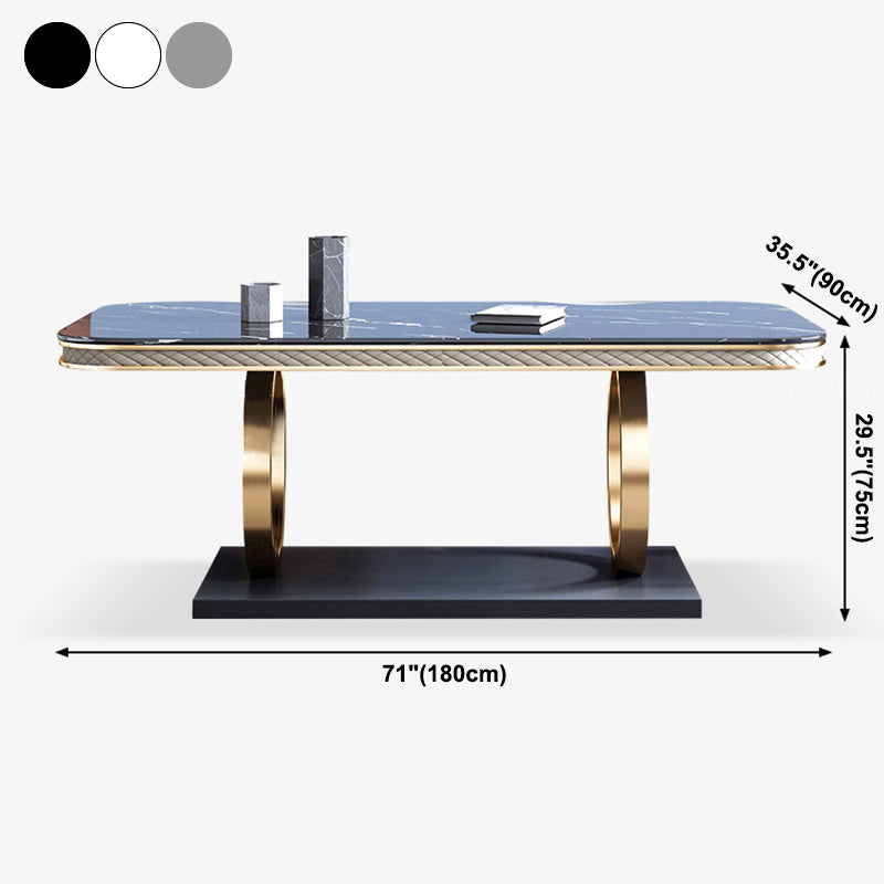 Mesa de comedor de piedra sinterizada de lujo, mesa rectangular con pedestal de metal dorado