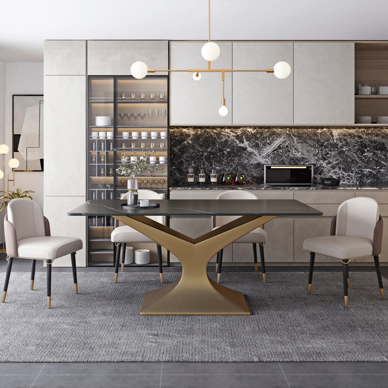 Rectangle Two-Color Dining Table Sintered Stone Table Glam with Pedestal