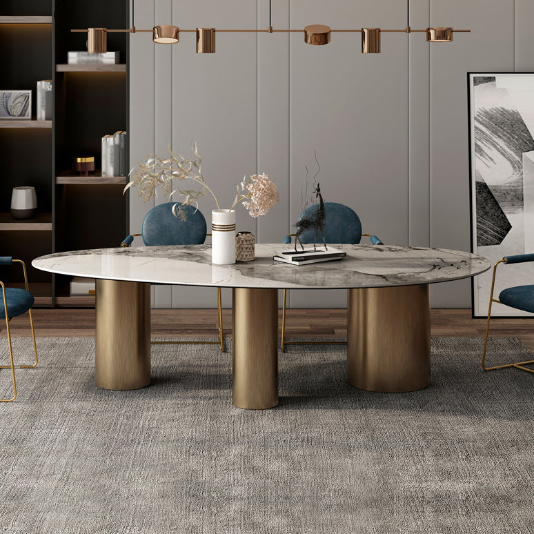 Oval Sintered Stone Dining Table Luxury Table in White with Metal 3 Legs Base