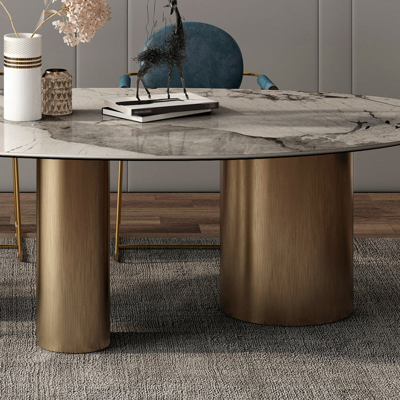 Oval Sintered Stone Dining Table Luxury Table in White with Metal 3 Legs Base