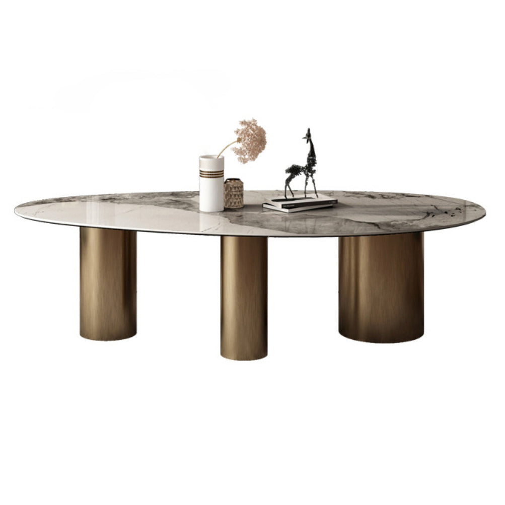 Oval Sintered Stone Dining Table Luxury Table in White with Metal 3 Legs Base