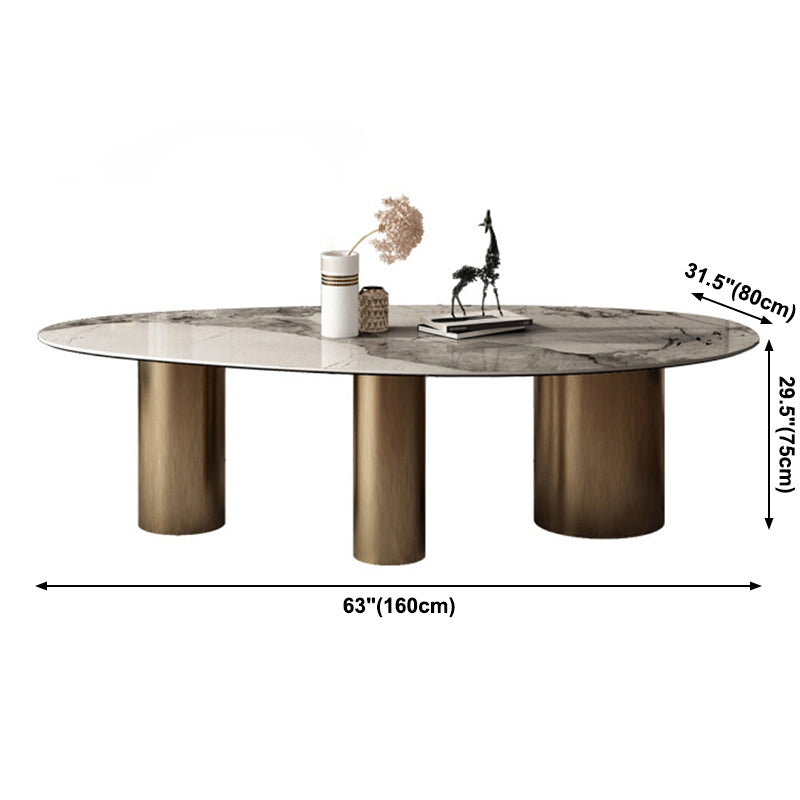 Oval Sintered Stone Dining Table Luxury Table in White with Metal 3 Legs Base