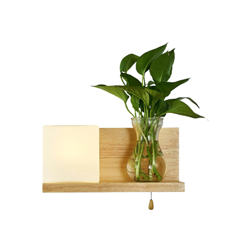 Minimalism Square Wall Light Fixture 1 Head White Glass LED Wall Sconce Lighting in Wood, Left/Right