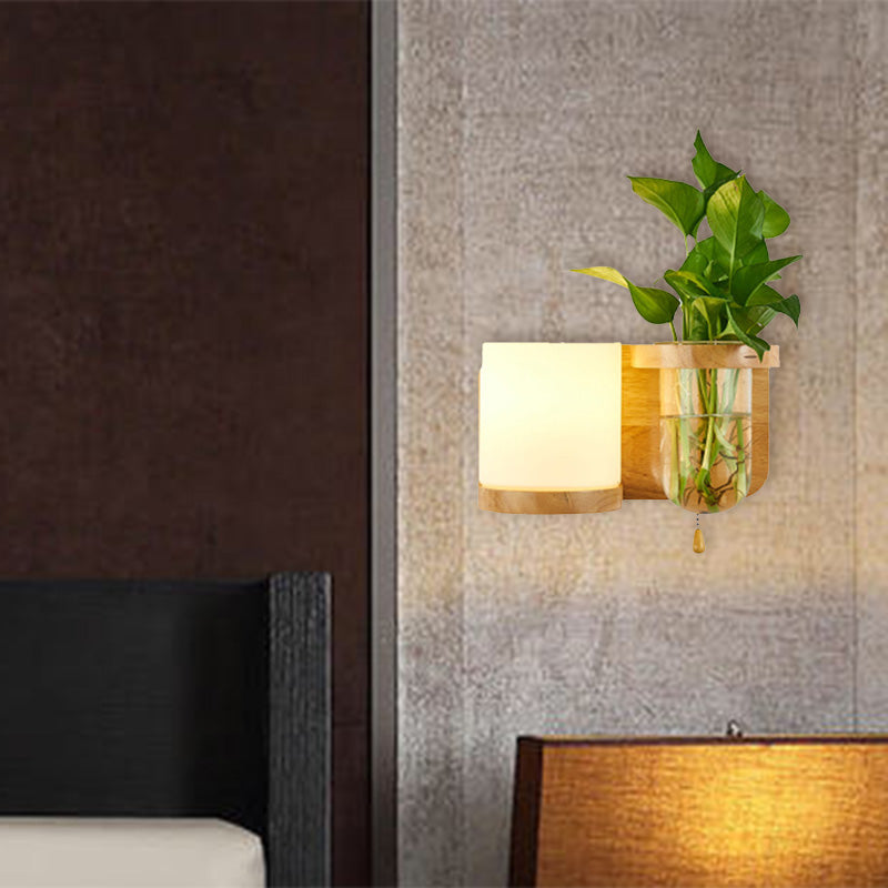 1 Bulb Wall Mounted Light Industrial Cylindrical Opal Glass LED Wall Lamp Sconce in Wood, Left/Right