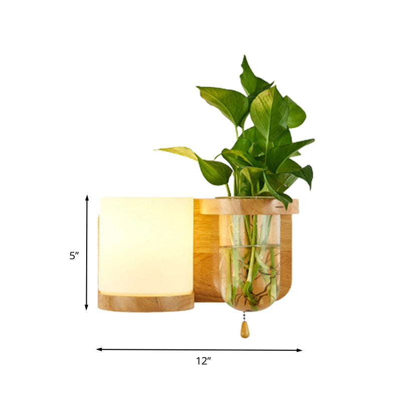 1 Bulb Wall Mounted Light Industrial Cylindrical Opal Glass LED Wall Lamp Sconce in Wood, Left/Right