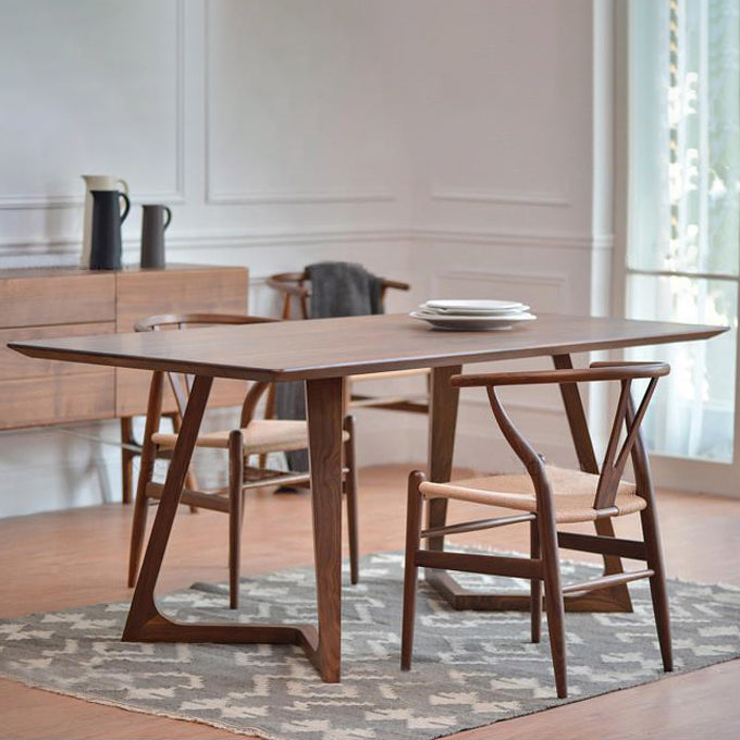 Moderne stijl rechthoek eettafel vast hout dubbele voetstukbasetafel voor huisgebruik