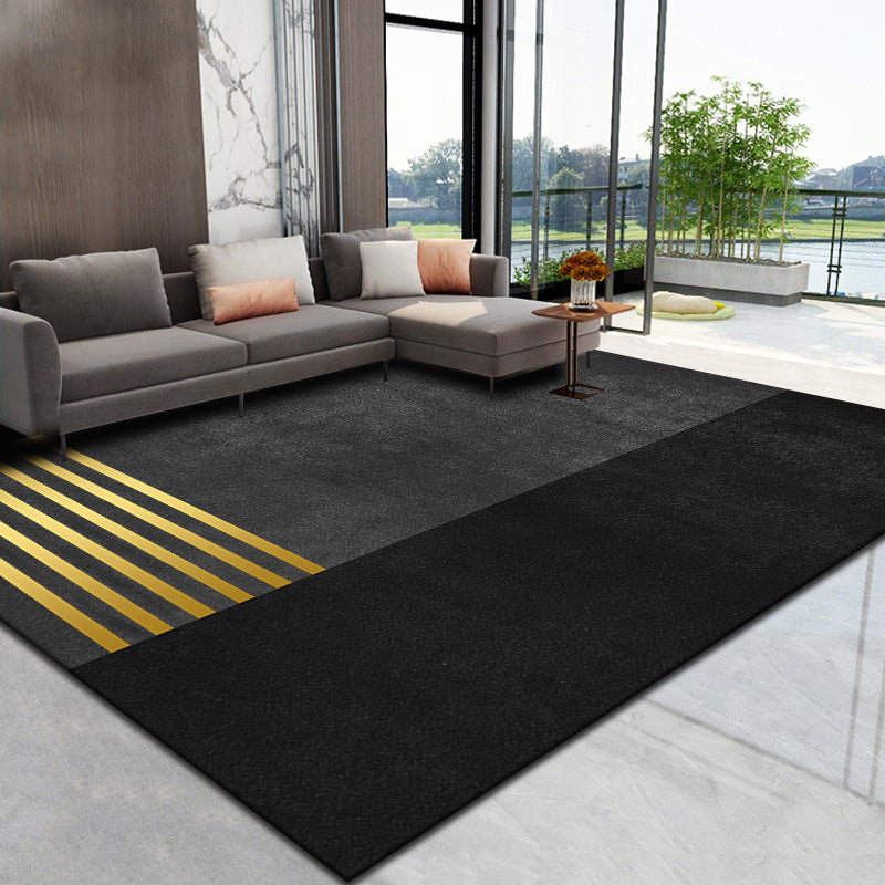 Black Modern Area Rug Line Pattern Polyester Area Carpet Stain Resistant Rug for Home Decor