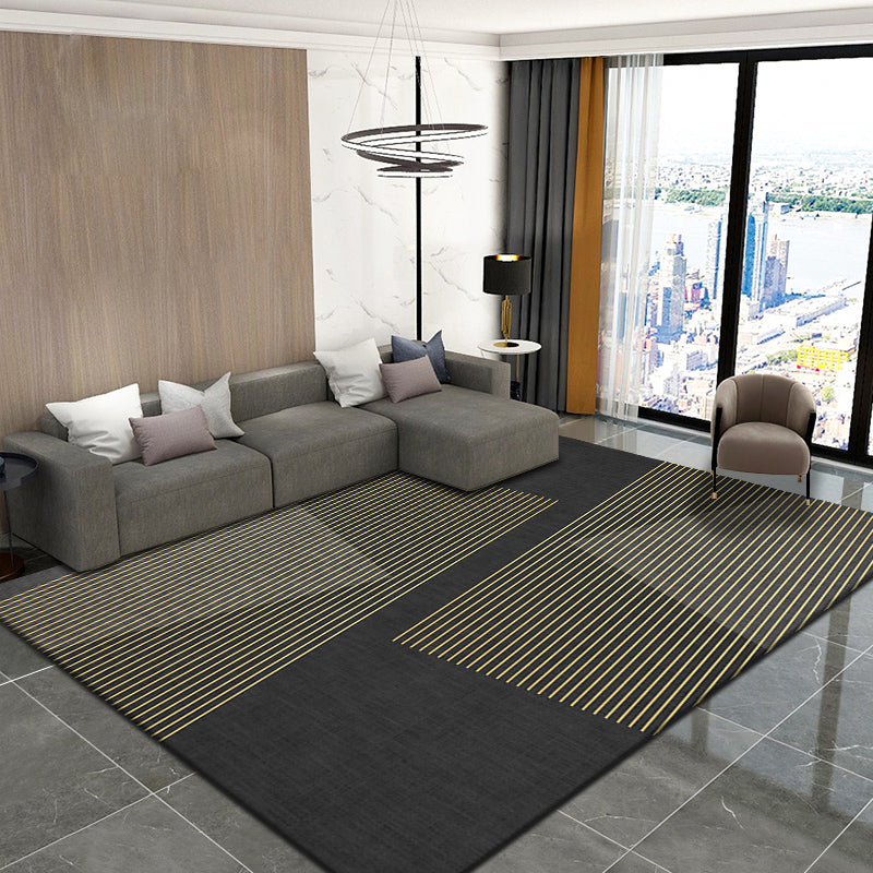 Black Modern Area Rug Line Pattern Polyester Area Carpet Stain Resistant Rug for Home Decor