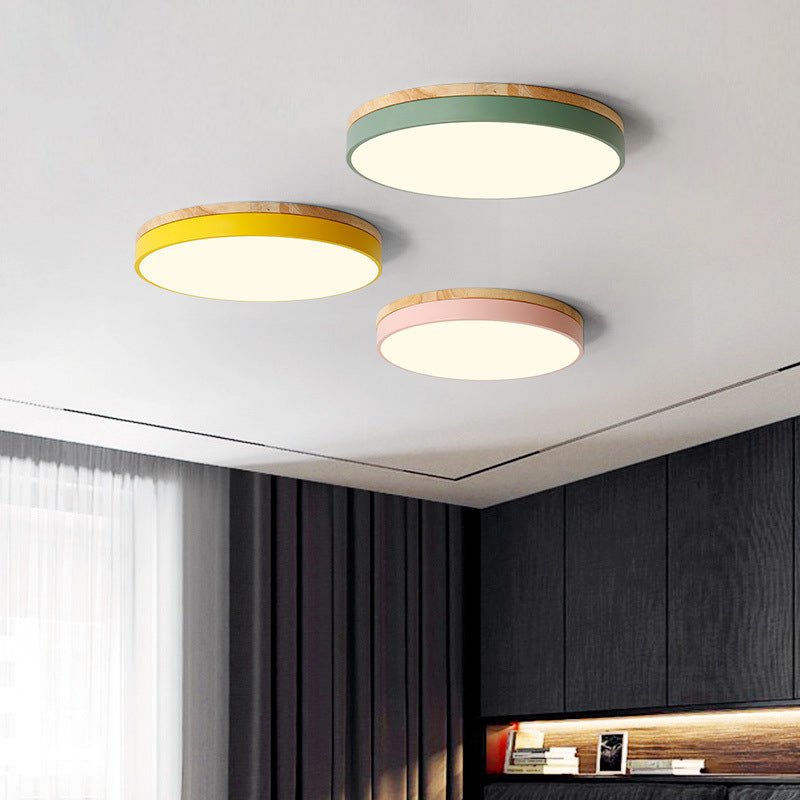 Lámpara de techo moderna de estilo macarrón con luz de montaje empotrado de forma redonda de madera con pantalla acrílica