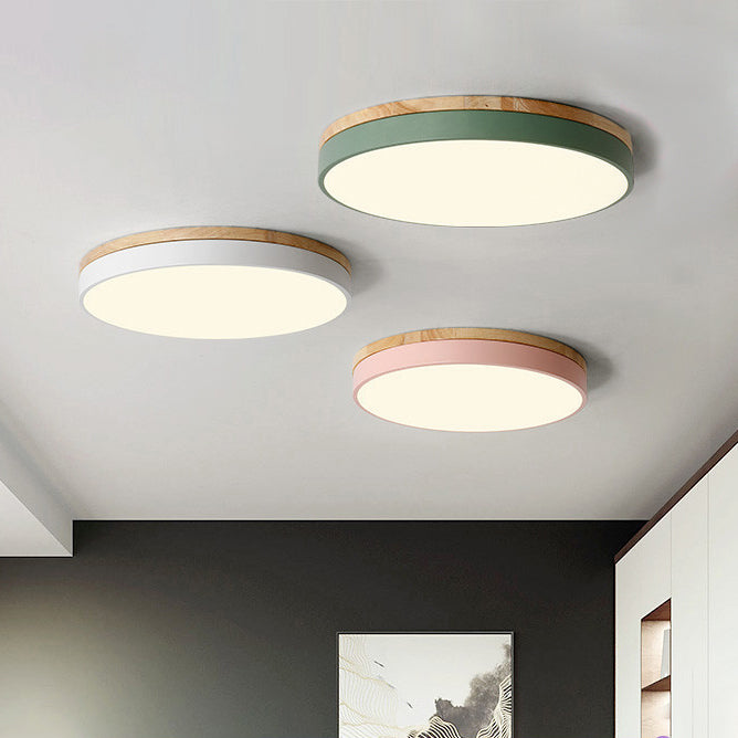 Wooden Round Shape Flush Mount Light Modern Macaroon Style Ceiling Lamp with Acrylic Shade