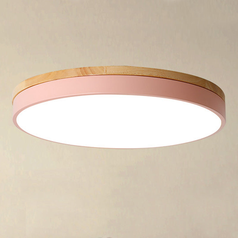 Wooden Round Shape Flush Mount Light Modern Macaroon Style Ceiling Lamp with Acrylic Shade