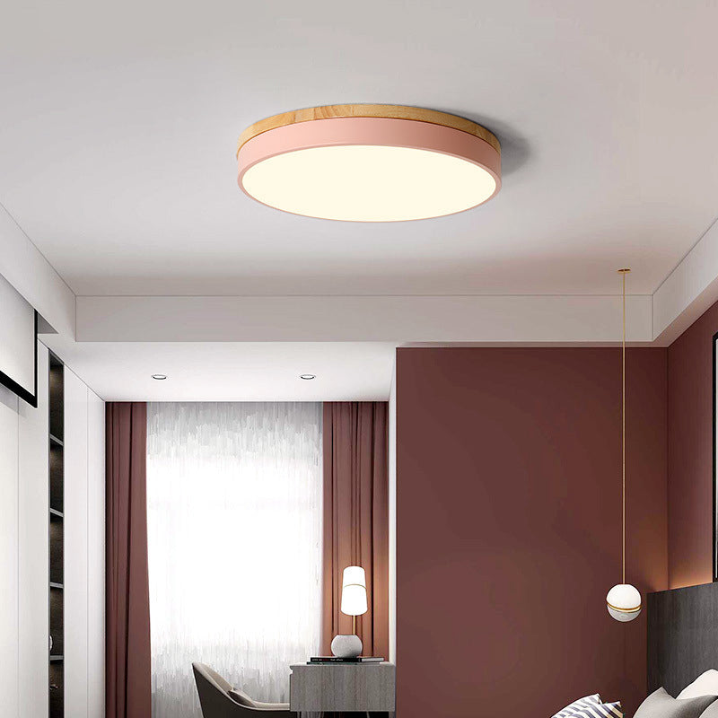 Wooden Round Shape Flush Mount Light Modern Macaroon Style Ceiling Lamp with Acrylic Shade