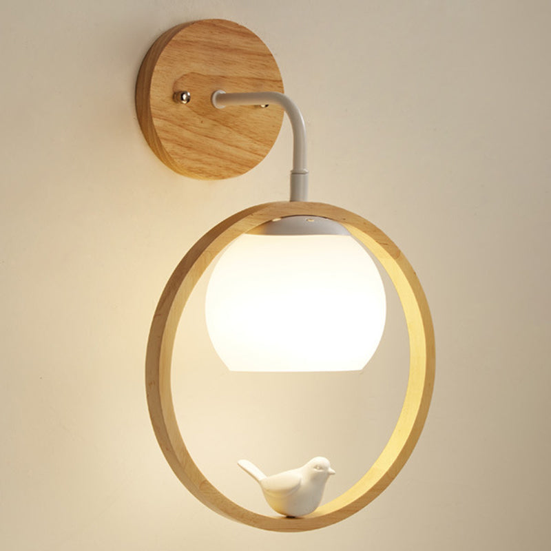 Moderner Stil rund geformte Wandlampe Holz 1 Leichte Wandbeleuchtung mit Glasschatten
