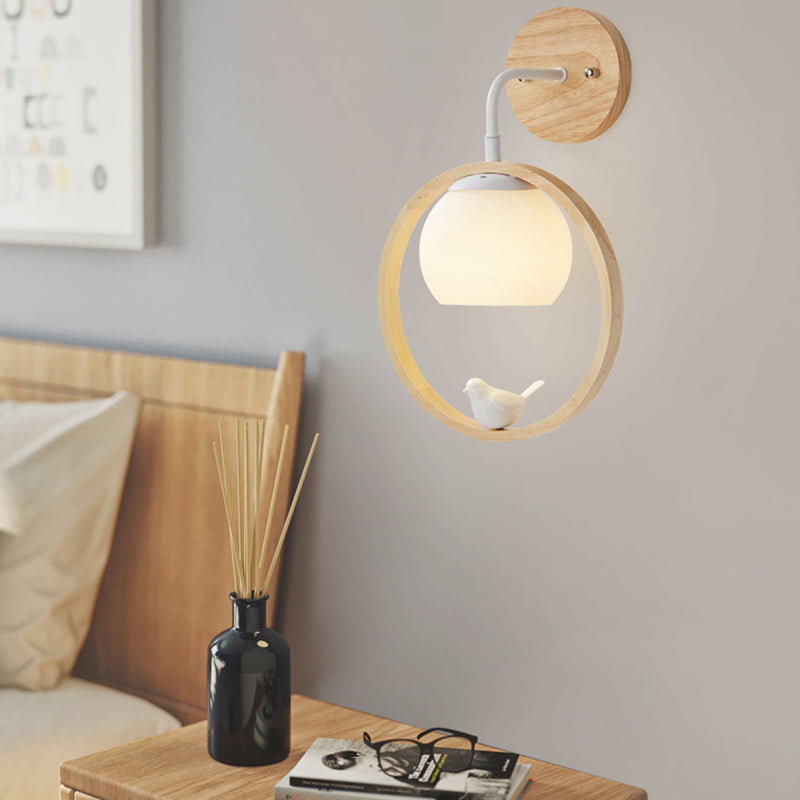 Moderner Stil rund geformte Wandlampe Holz 1 Leichte Wandbeleuchtung mit Glasschatten