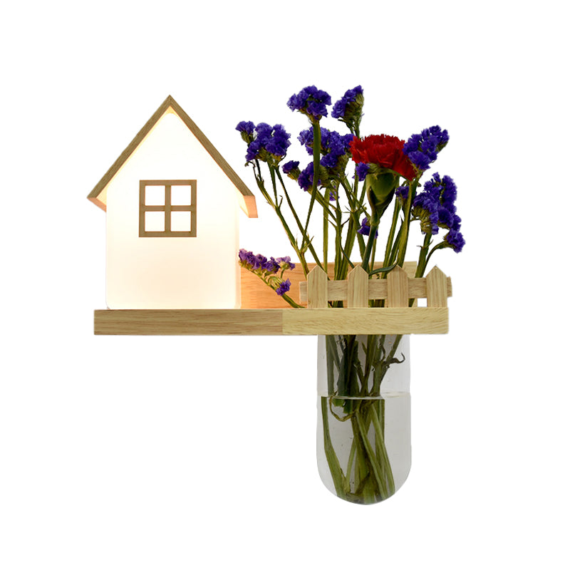 Wood House Sconce Wall Light Industrial Cream Glass 1-Light Restaurant LED Wall Lighting, Left/Right