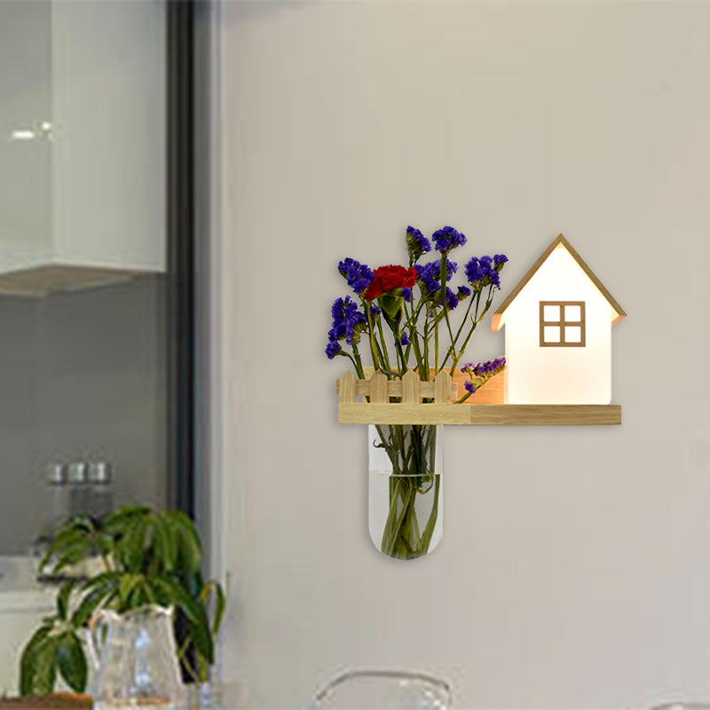 Wood House Sconce Wall Light Industrial Cream Glass 1-Light Restaurant LED Wall Lighting, Left/Right