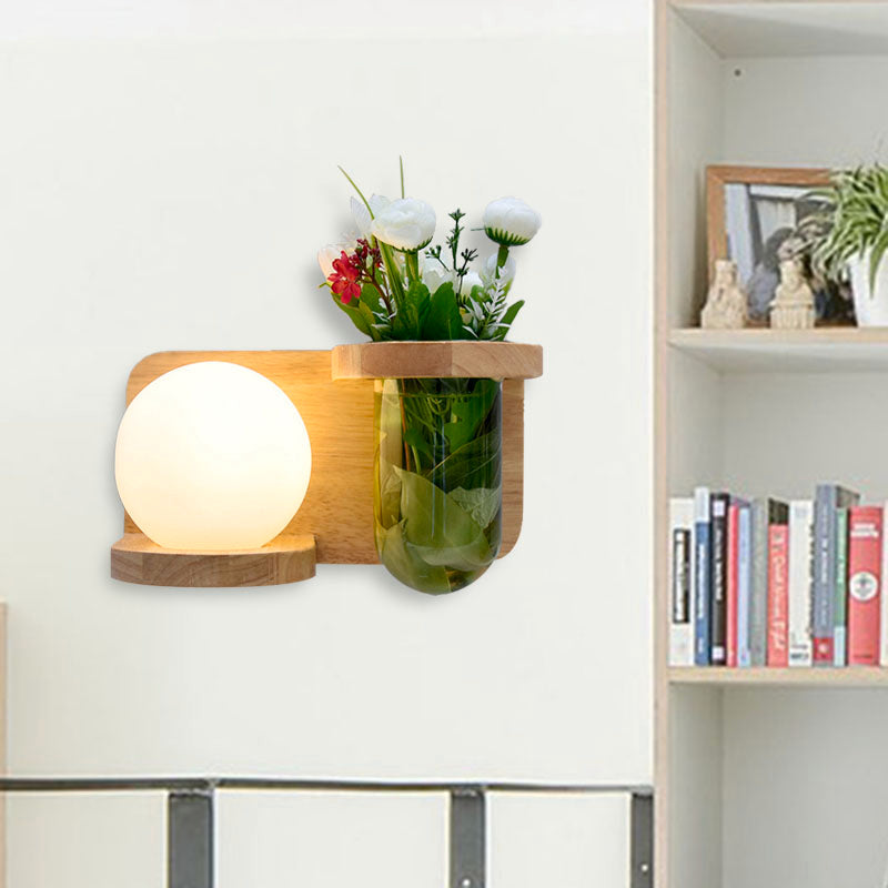 Milky Glass Orb Sconce Light Industrial 1 Head Bedroom LED Wall Lighting in Wood, Left/Right