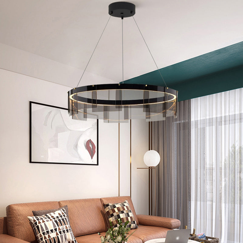 Luz de colgante circular de metal ligero de lámpara LED de lámpara LED moderno con sombra de vidrio