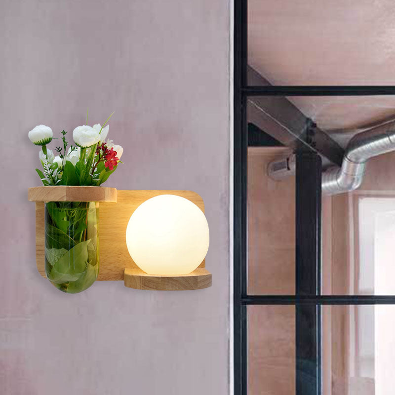 Milky Glass Orb Sconce Light Industrial 1 Head Bedroom LED Wall Lighting in Wood, Left/Right
