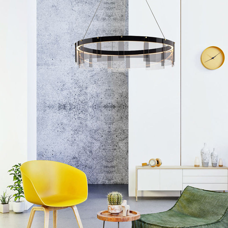 Luz de colgante circular de metal ligero de lámpara LED de lámpara LED moderno con sombra de vidrio