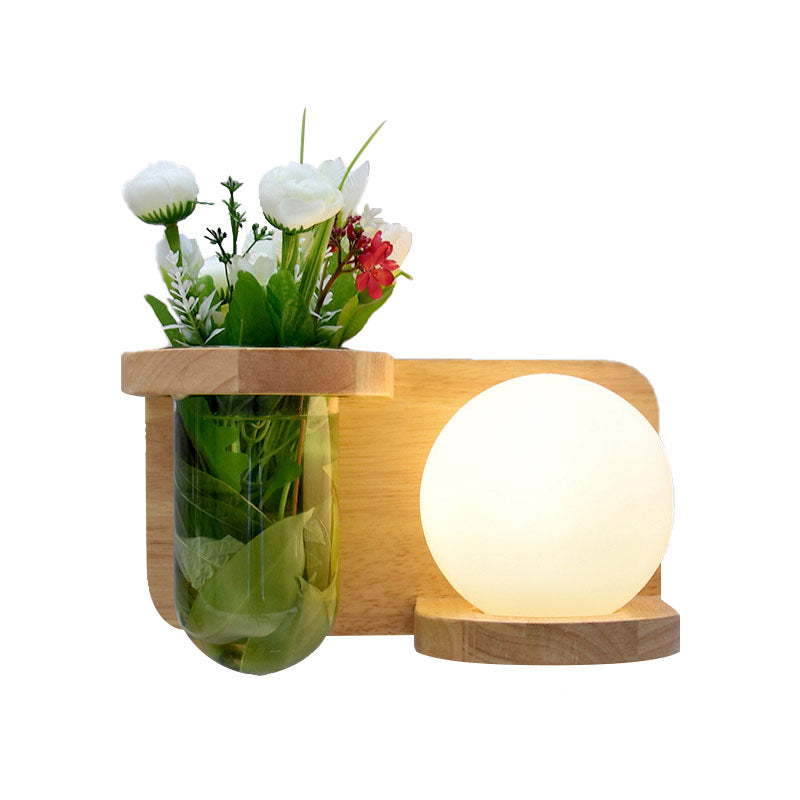 Milky Glass Orb Sconce Light Industrial 1 Head Bedroom LED Wall Lighting in Wood, Left/Right