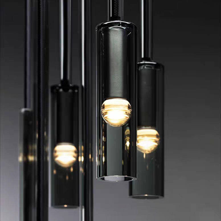 Luce a sospensione grigio in cristallo in moderna lampada a sospensione cilindrica di rame per sala da pranzo