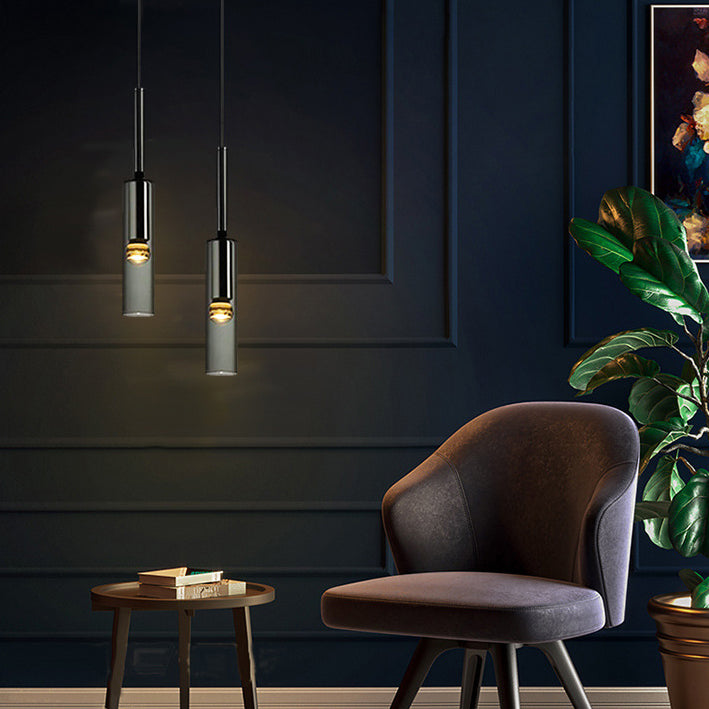 Luce a sospensione grigio in cristallo in moderna lampada a sospensione cilindrica di rame per sala da pranzo