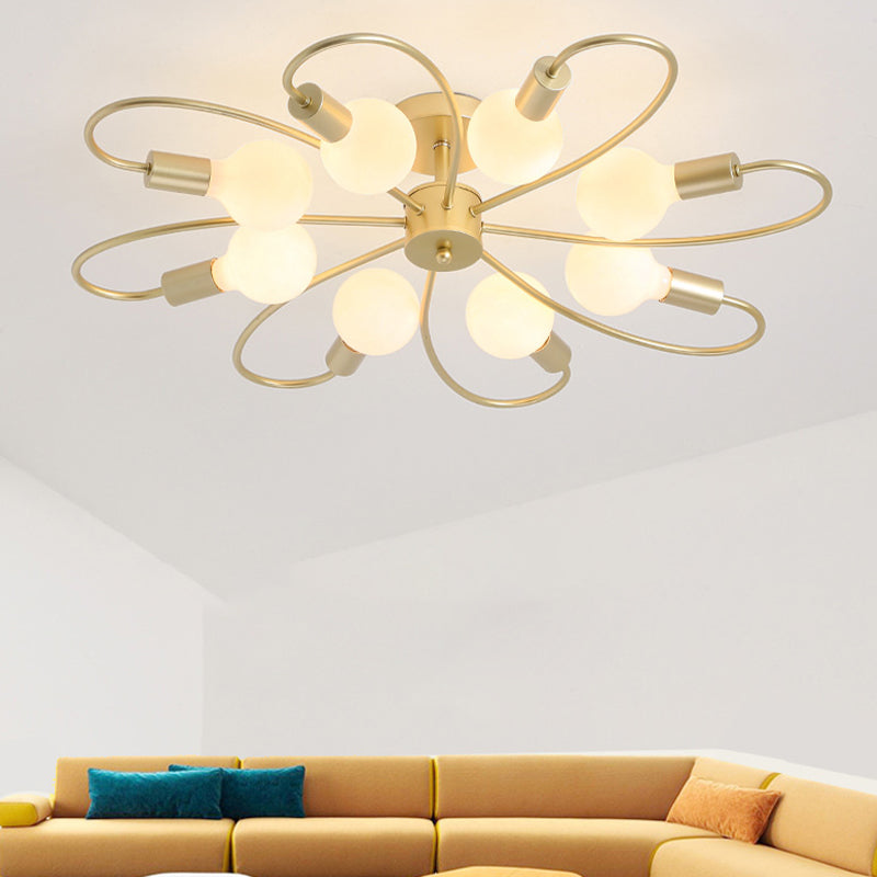 Golden Multi Head Ceiling Light Industrial Metal Semi Flush Mount Lamp for Living Room