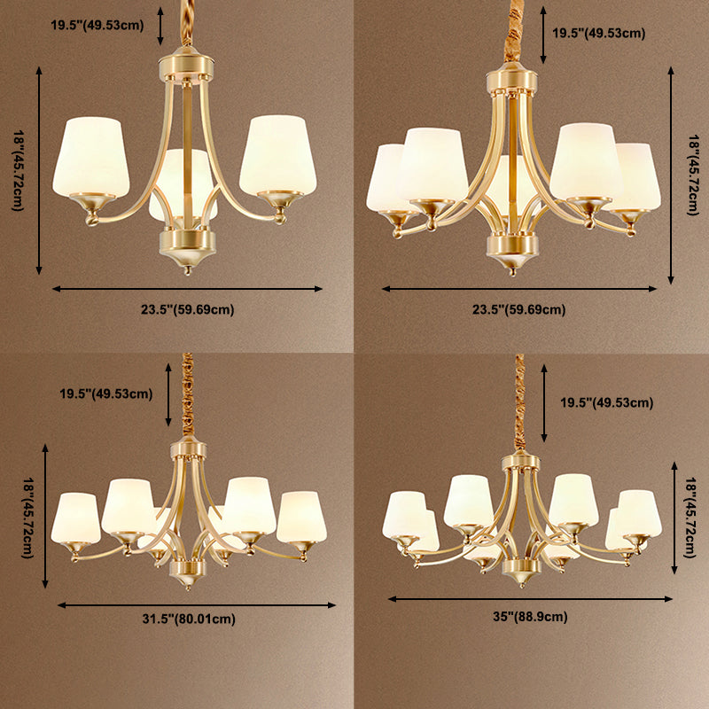 Multi-Head Hanging Light Fixtures Traditional Brass Chandelier Lamp with White Glass Shade