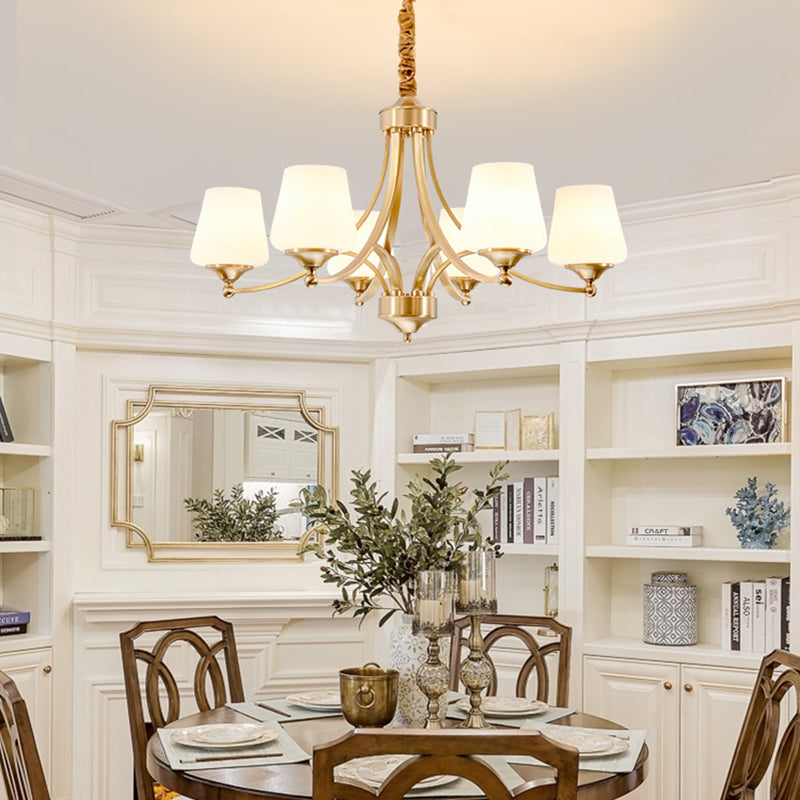 Multi-Head Hanging Light Fixtures Traditional Brass Chandelier Lamp with White Glass Shade