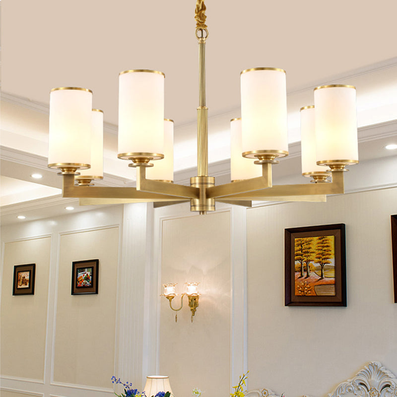 Traditional Brass Cylinder Chandelier Lamp Glass Shade Multi-light Hanging Light Fixtures
