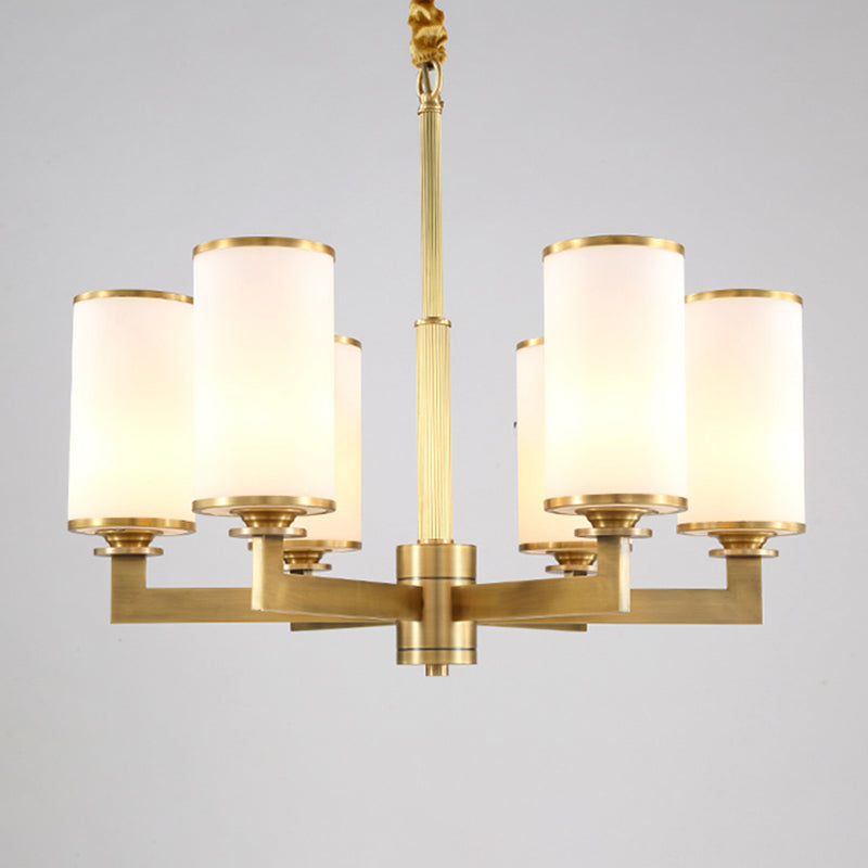 Traditional Brass Cylinder Chandelier Lamp Glass Shade Multi-light Hanging Light Fixtures