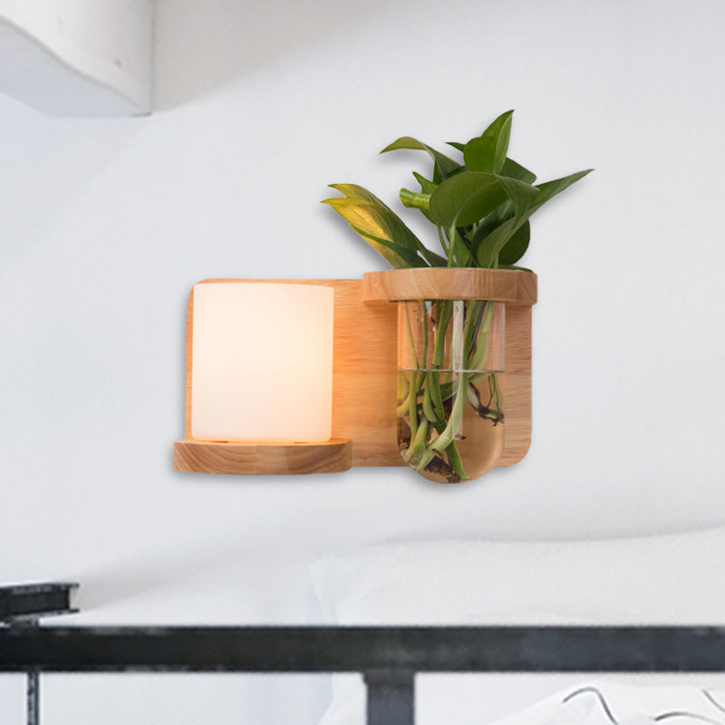 1 Head Barrel/Globe Wall Sconce Industrial Wood Opal Glass LED Wall Light Fixture for Living Room, Left/Right