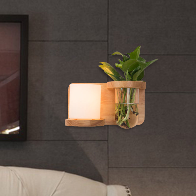 1 Head Barrel/Globe Wall Sconce Industrial Wood Opal Glass LED Wall Light Fixture for Living Room, Left/Right