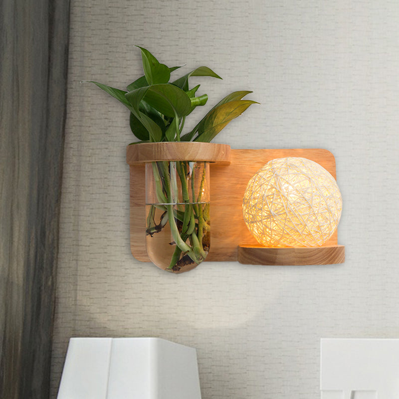 1 Head Barrel/Globe Wall Sconce Industrial Wood Opal Glass LED Wall Light Fixture for Living Room, Left/Right