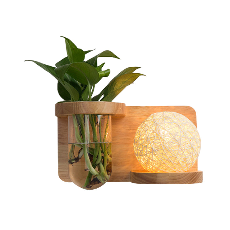 1 Head Barrel/Globe Wall Sconce Industrial Wood Opal Glass LED Wall Light Fixture for Living Room, Left/Right