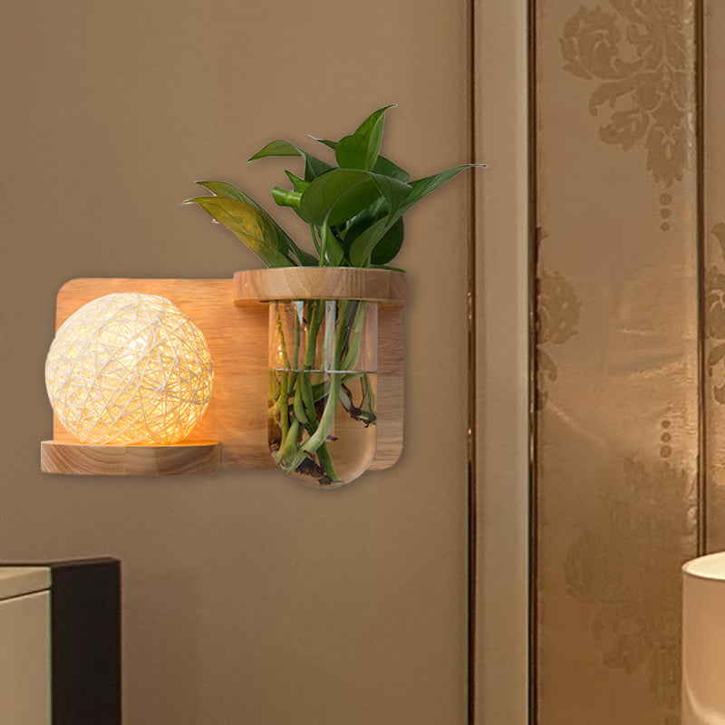 1 Head Barrel/Globe Wall Sconce Industrial Wood Opal Glass LED Wall Light Fixture for Living Room, Left/Right