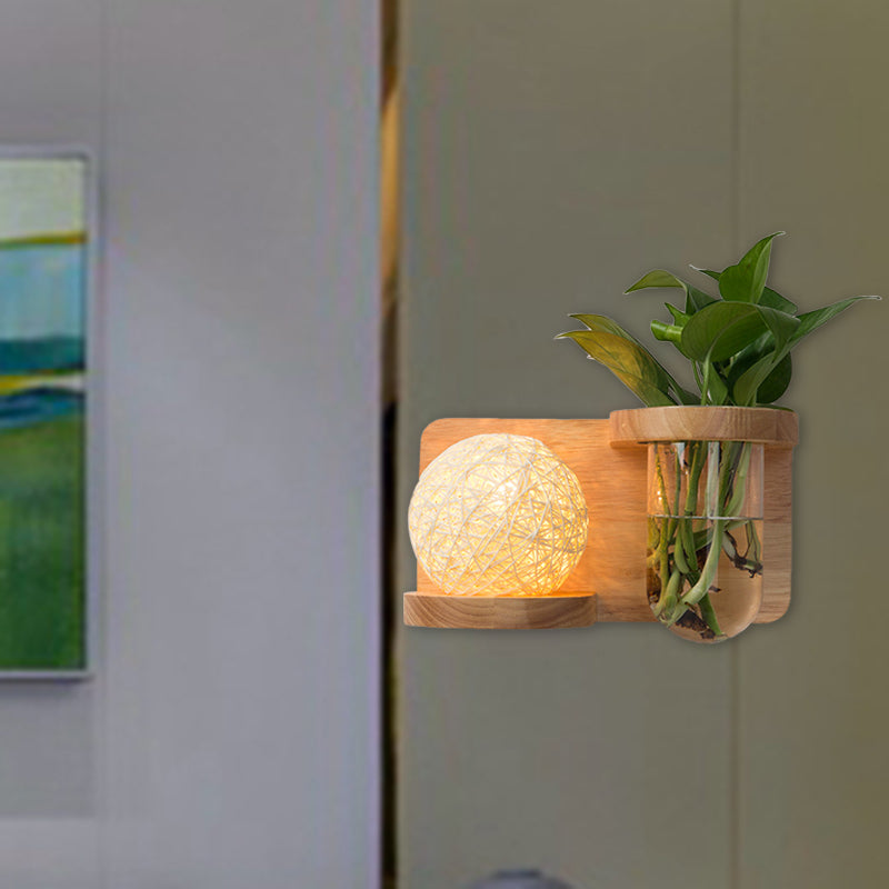 1 Head Barrel/Globe Wall Sconce Industrial Wood Opal Glass LED Wall Light Fixture for Living Room, Left/Right