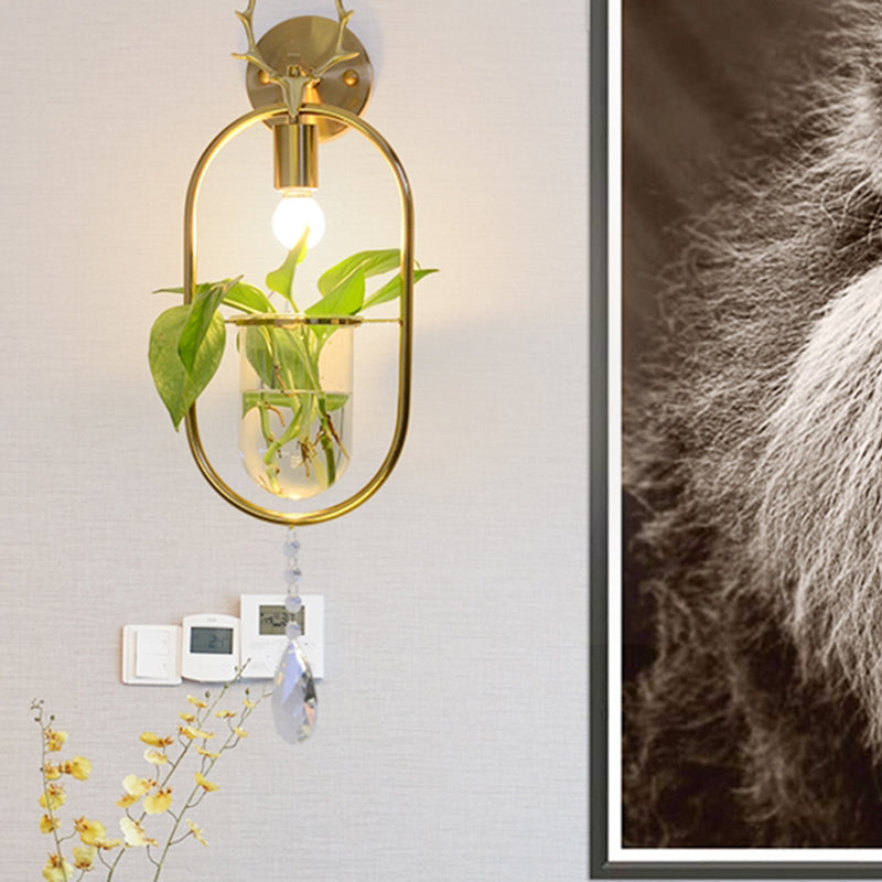 Industrial Antler Sconce Light Fixture 1 Bulb Metal LED Wall Mounted Lamp in Gold with Crystal Accent