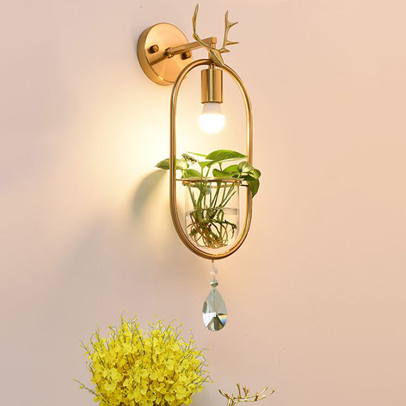 Industrial Antler Sconce Light Fixture 1 Bulb Metal LED Wall Mounted Lamp in Gold with Crystal Accent