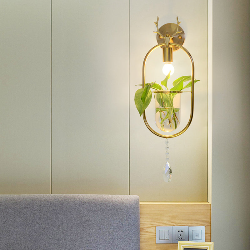 Industrial Antler Sconce Light Fixture 1 Bulb Metal LED Wall Mounted Lamp in Gold with Crystal Accent