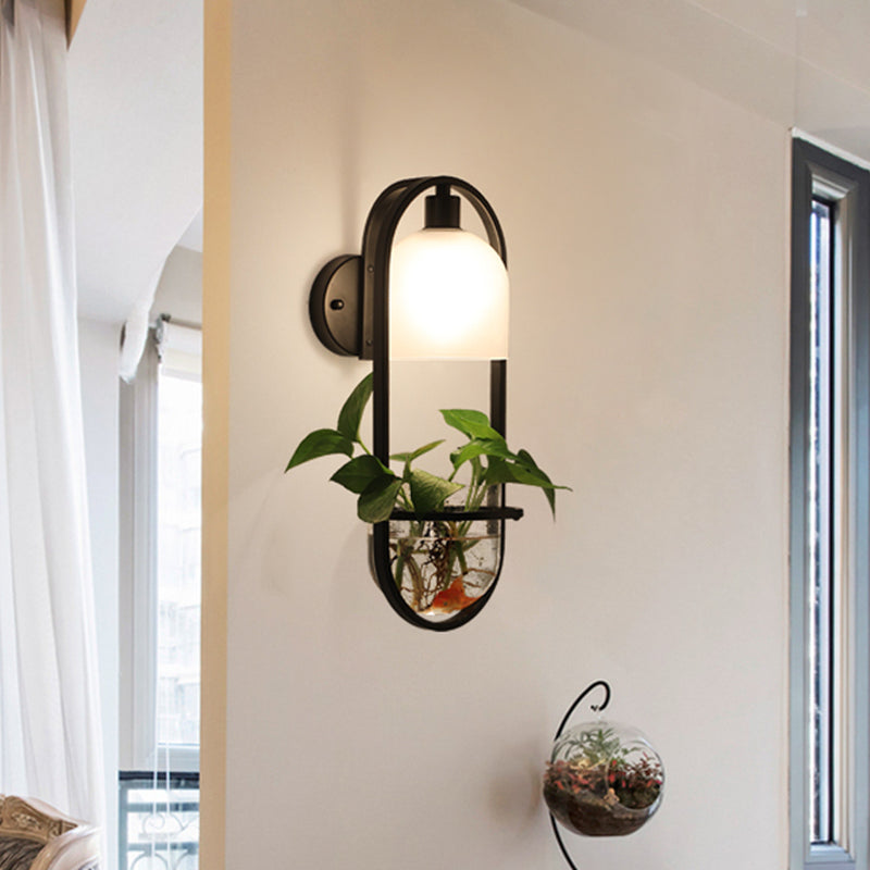 Black 1 Light Wall Lighting Industrial Metal Oval LED Wall Sconce with Plant Cup for Living Room