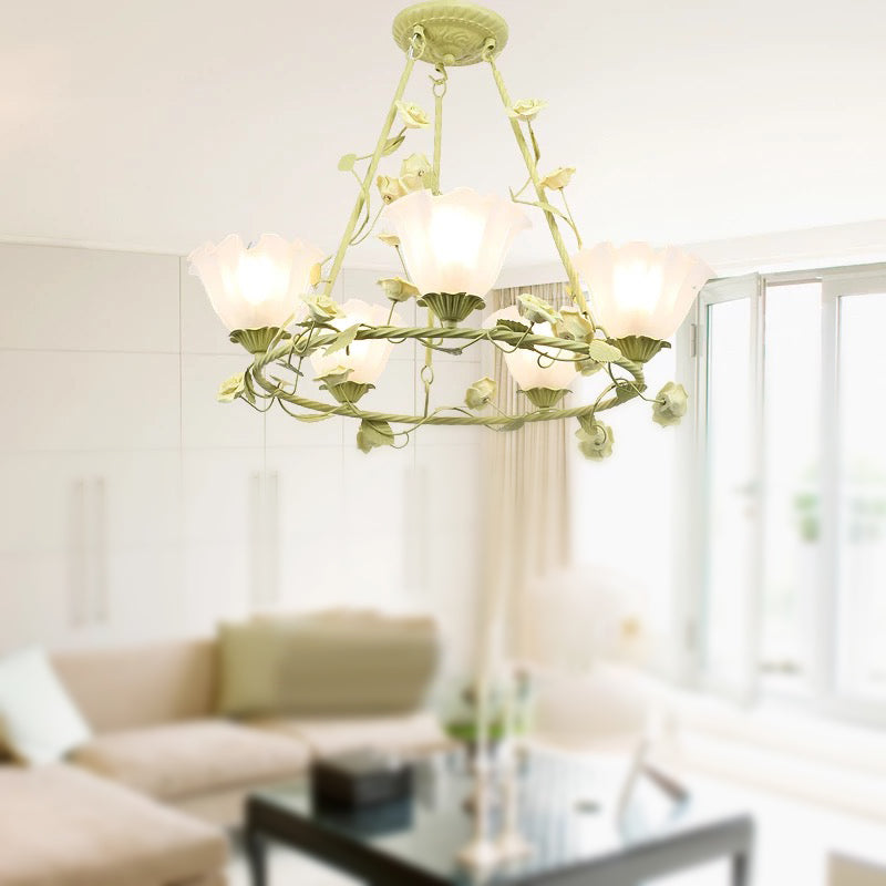 Green 5 Heads Chandelier Lighting Korean Flower Frosted Glass Circle Pendant Ceiling Light for Living Room
